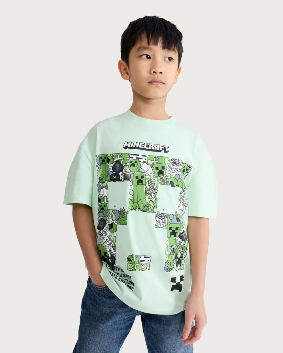 image 1 of Minecraft Pure Cotton Creeper Print T-Shirt in Green