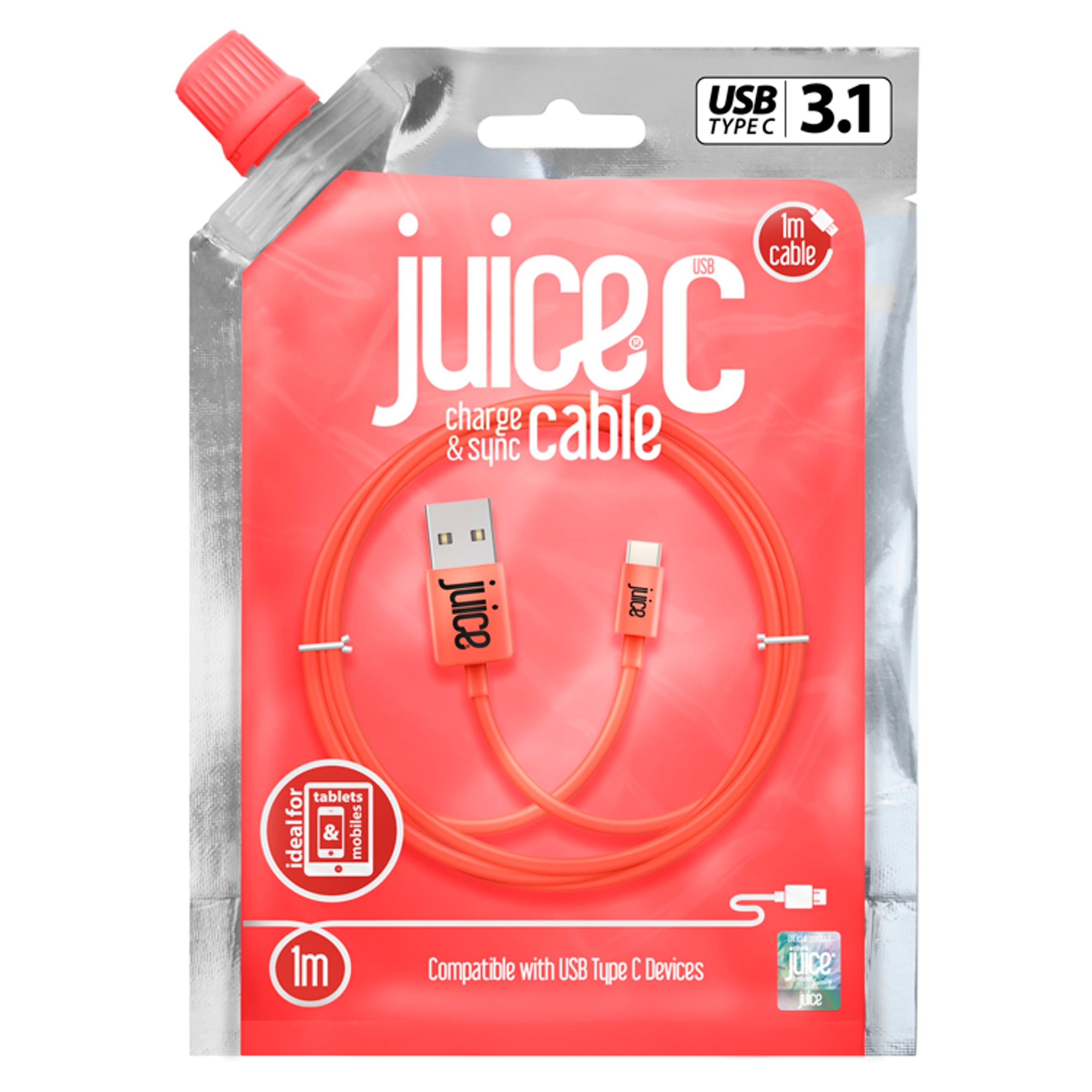 Juice USB C Phone Charger Cable 1M Coral