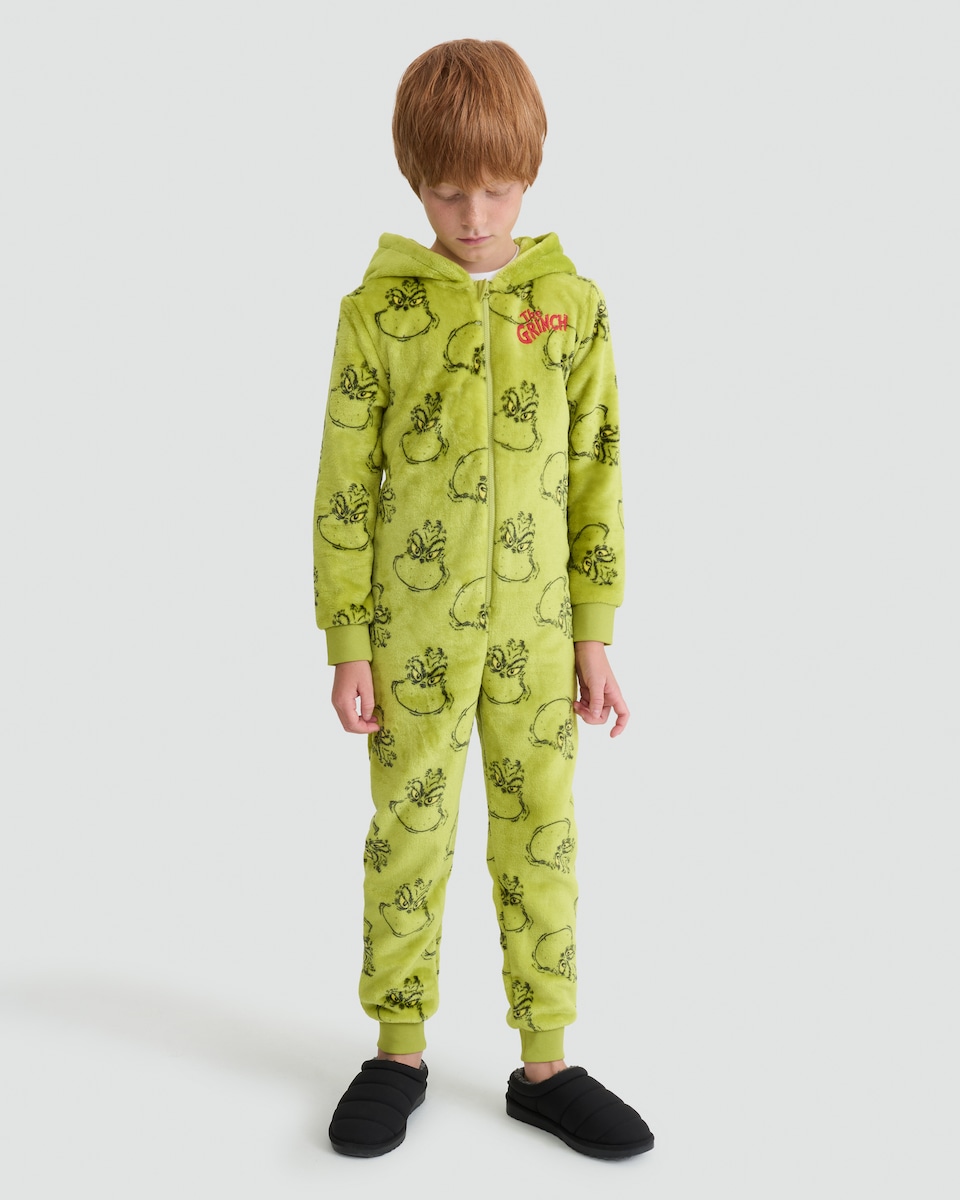 image 1 of The Grinch Fleece Printed Zip Up Onesie in Green