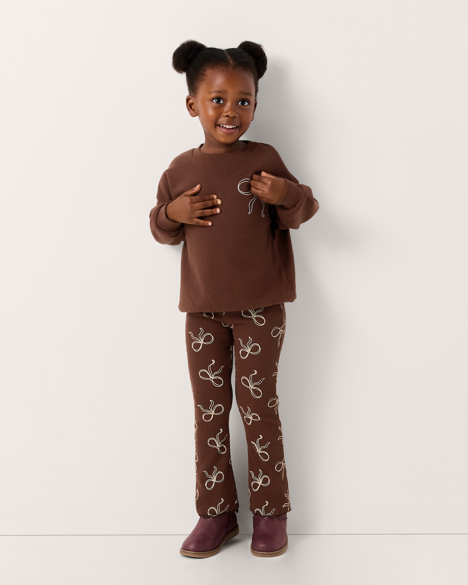 image 1 of F&F Girls Cotton Rich Bow Sweatshirt and Leggings Set in Brown
