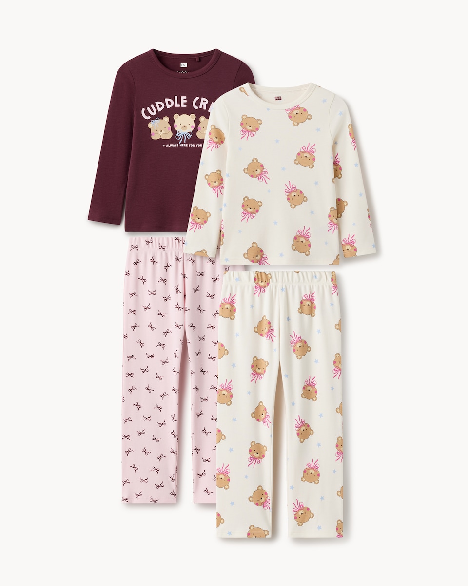 image 1 of F&F Girls 2-Pack Pure Cotton Bear Printed Pyjama Sets in Multi