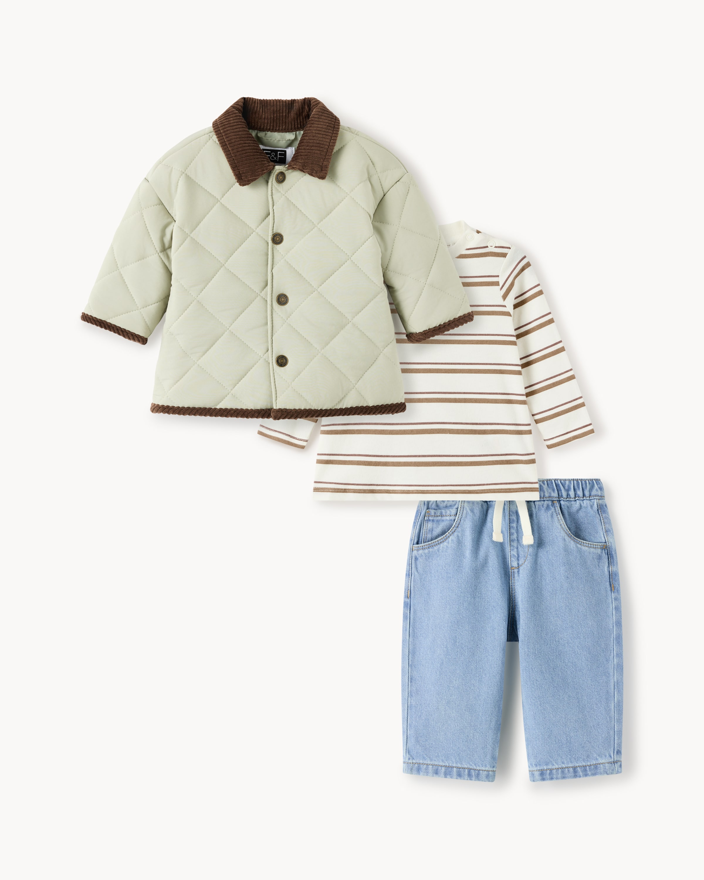 F&F Baby Quilted Jacket, Striped T-Shirt and Jeans Set in Green