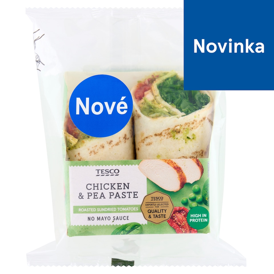 Tesco Pšeničná placka s kuracím mäsom, hráškovou nátierkou, špenátom a paradajkami 170 g