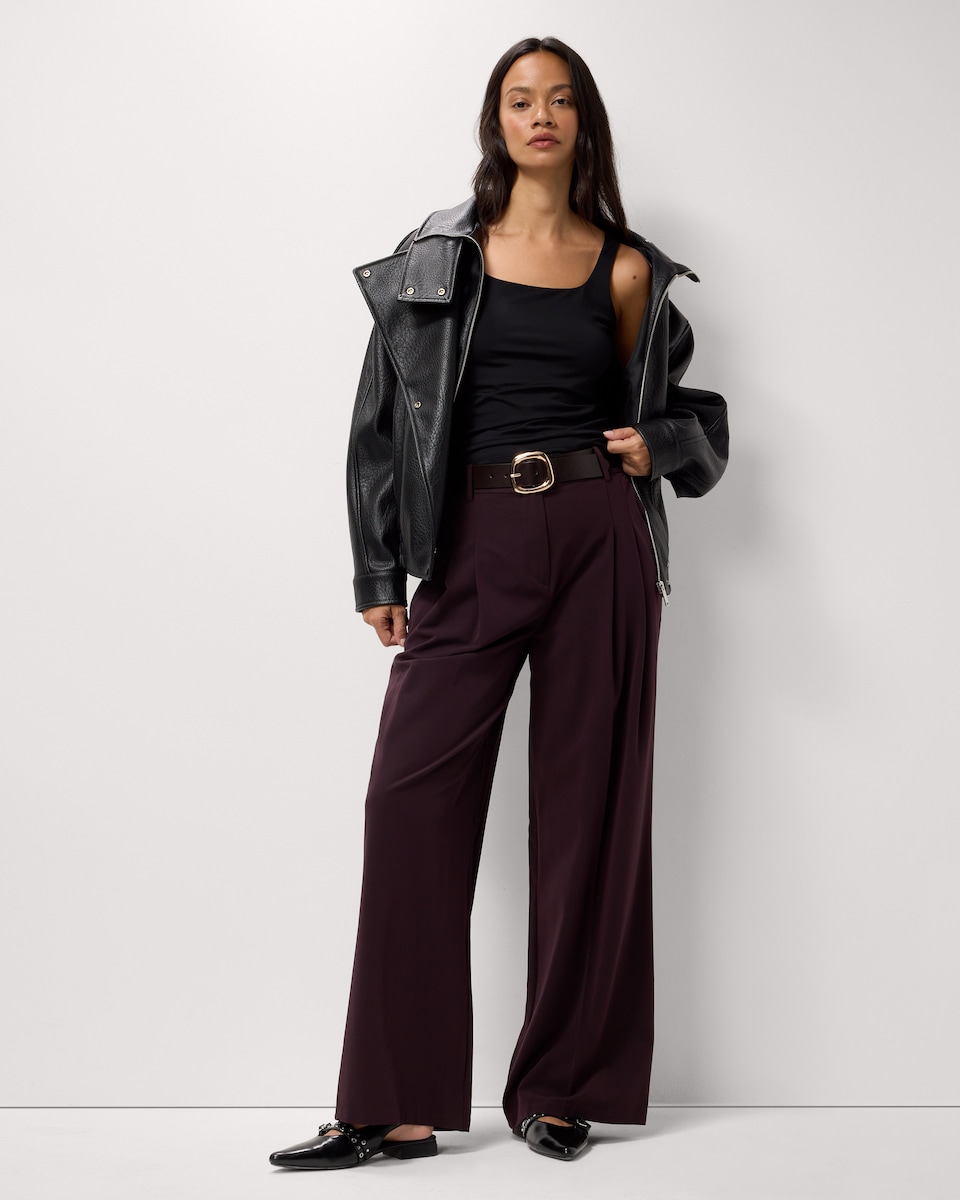 image 1 of F&F Pleated Wide Leg Belted Trousers in Berry