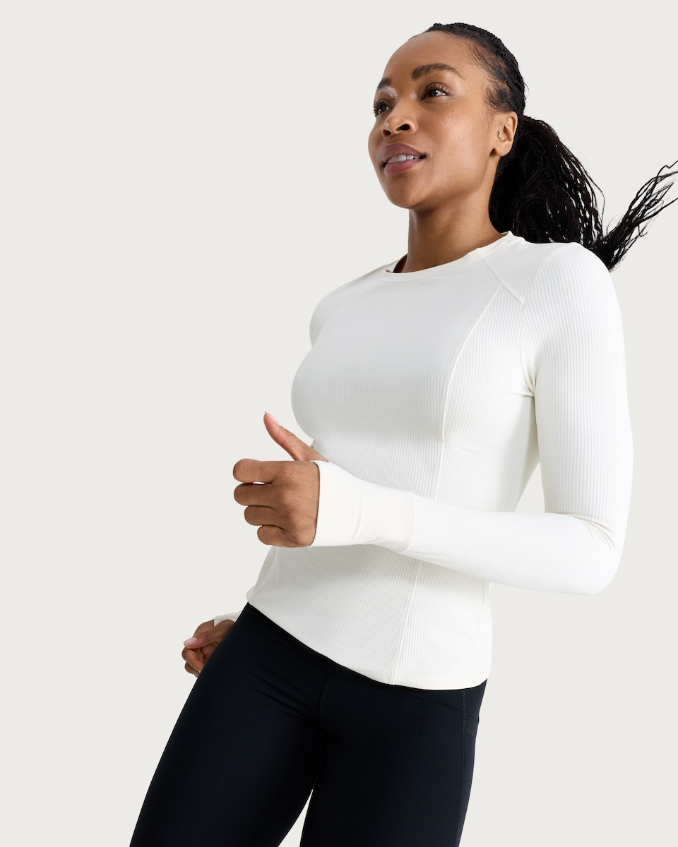 image 1 of F&F Active EVERYHOUR Ribbed Long Sleeved Top in Cream