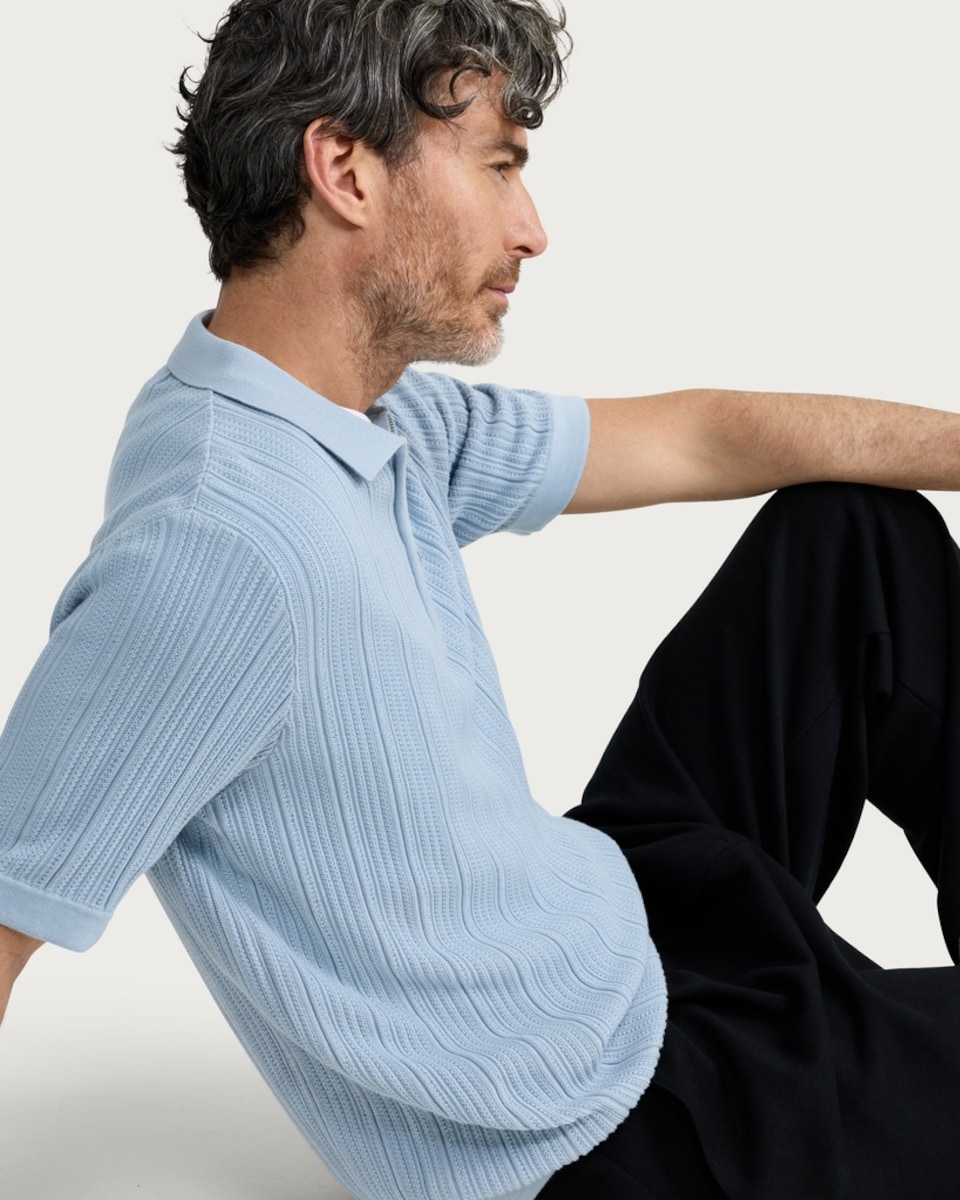 image 1 of F&F Pure Cotton Ribbed Knitted Polo Shirt in Blue