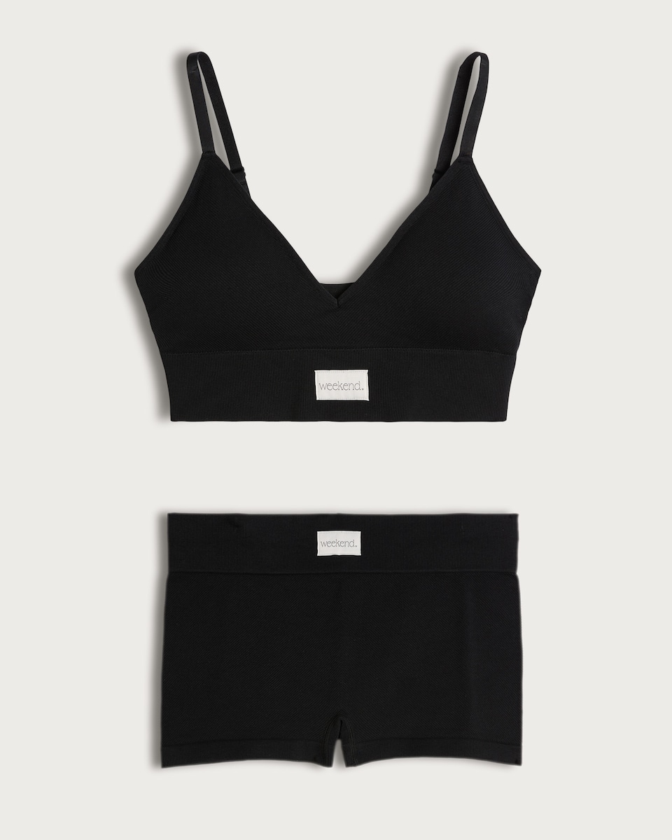 image 1 of F&F Contour Seamfree Weekend Ribbed Bralette and Shorts Set in Black