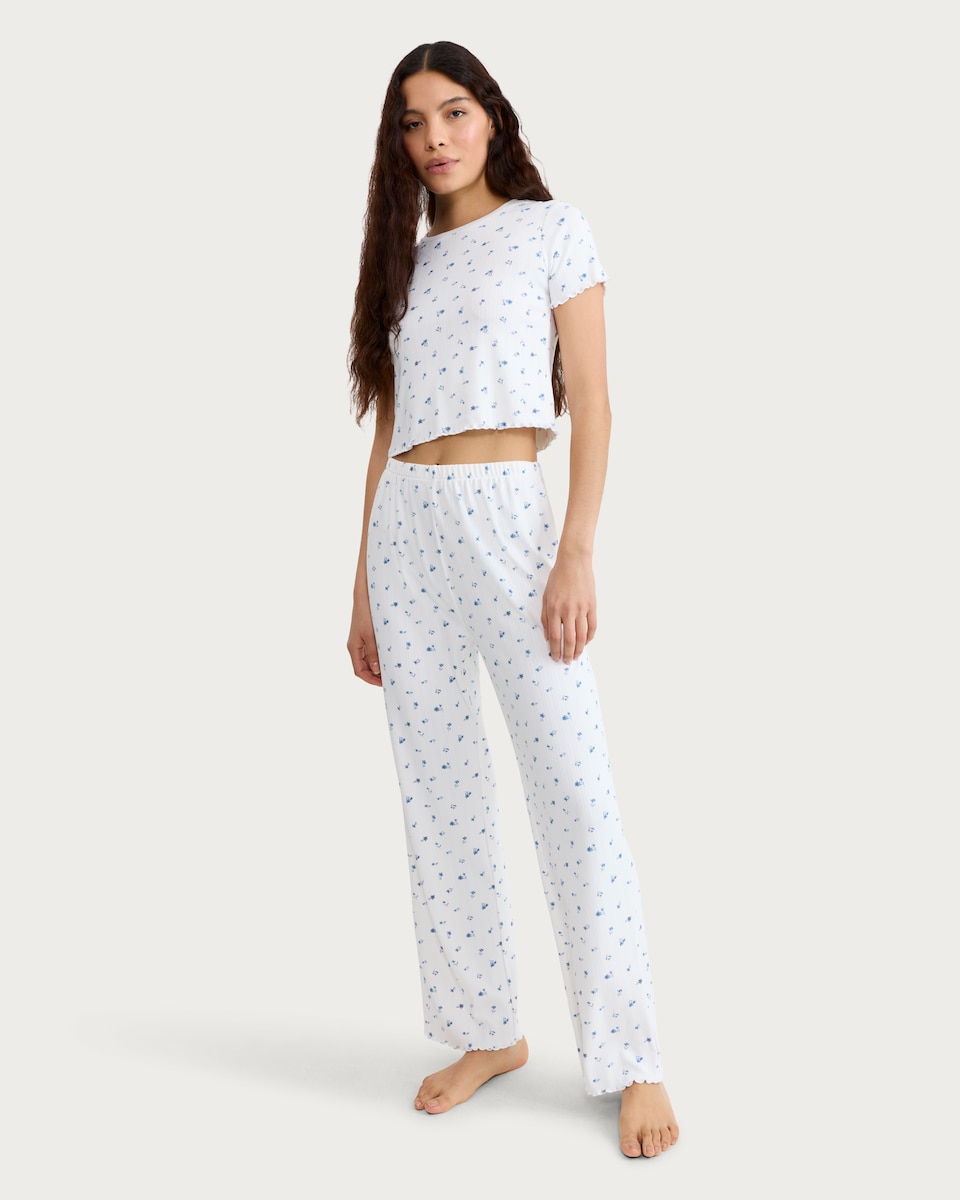 image 1 of F&F Pointelle Ribbed Floral Print Pyjama T-Shirt in Cream