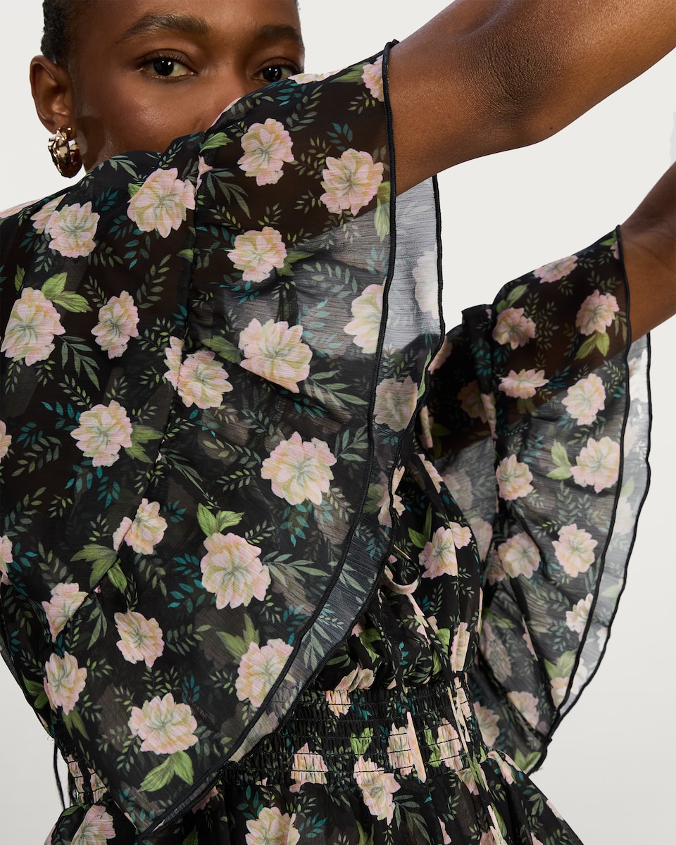 image 1 of F&F Floral Print Ruffle Midi Dress in Multi Black