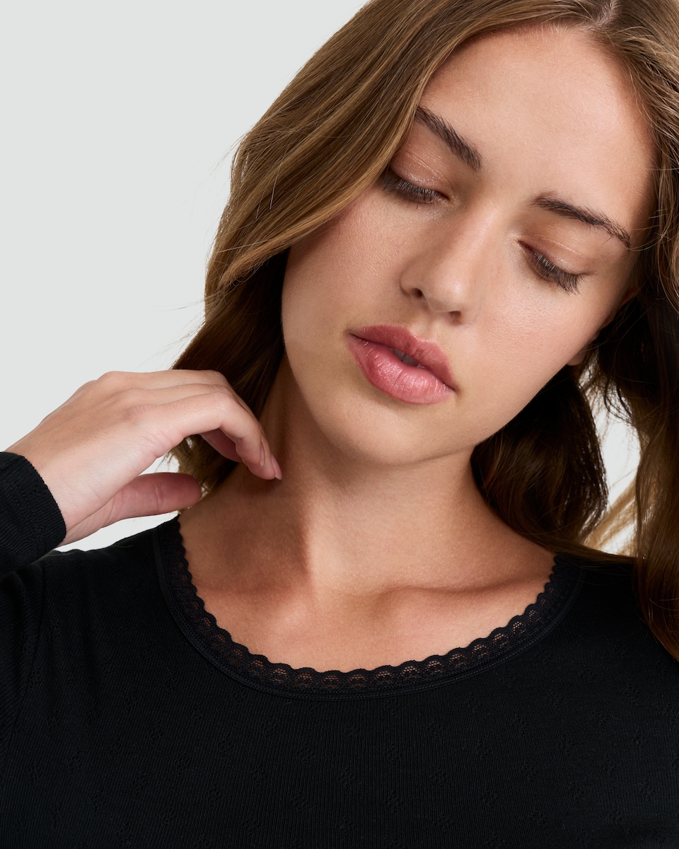 image 1 of F&F 2-Pack WARMPLUS™ Medium Warmth Long Sleeved Pointelle Thermal Tops in Black