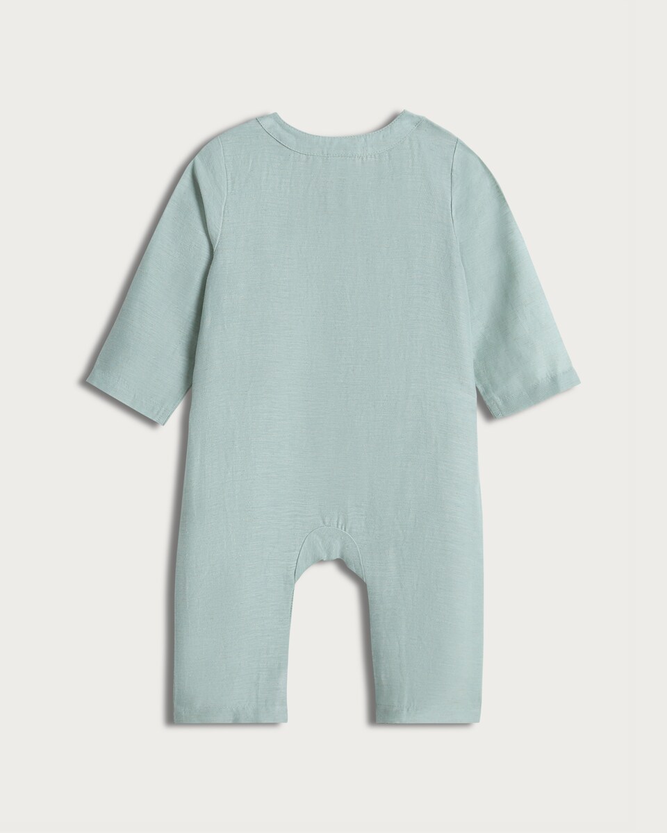 image 1 of F&F Baby Linen Blend Embroidered Romper in Blue
