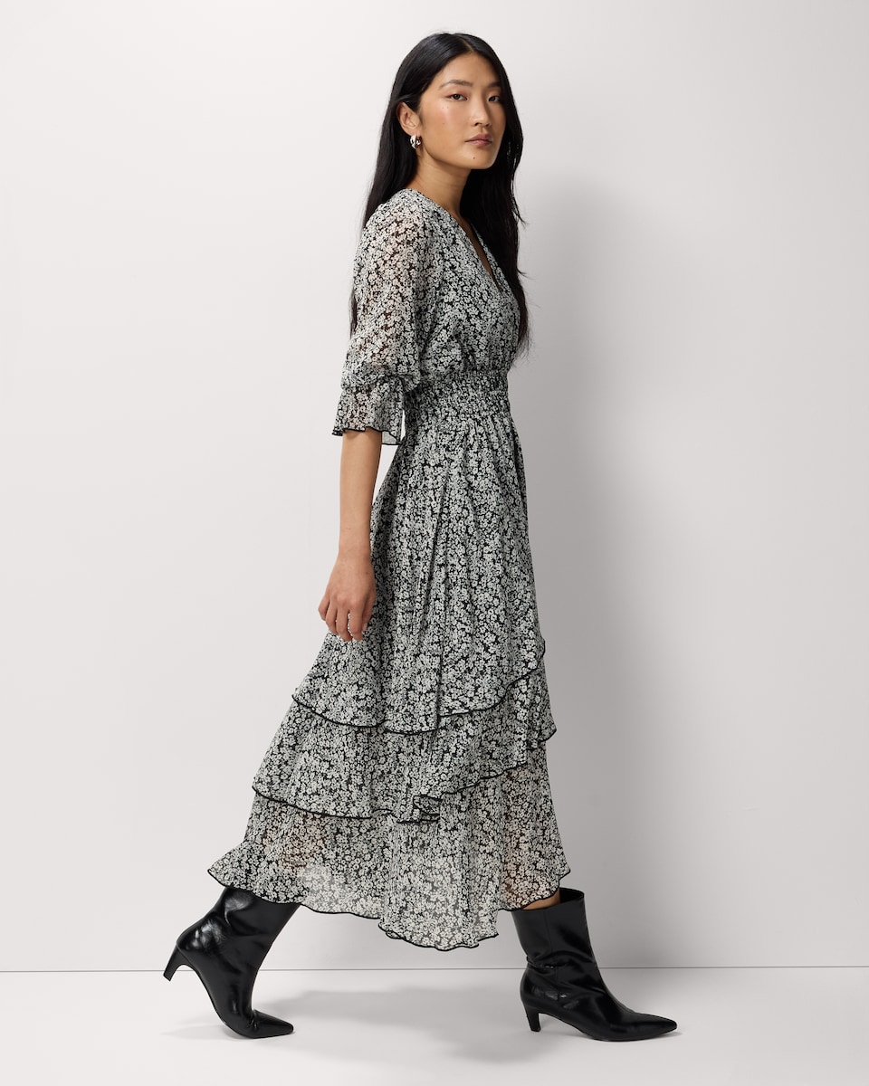 image 1 of F&F Chiffon Printed Tiered Midi Dress in Multi Black White