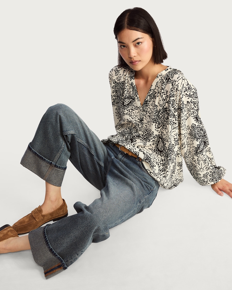 image 1 of F&F Paisley Print V Neck Blouse in Multi Black White