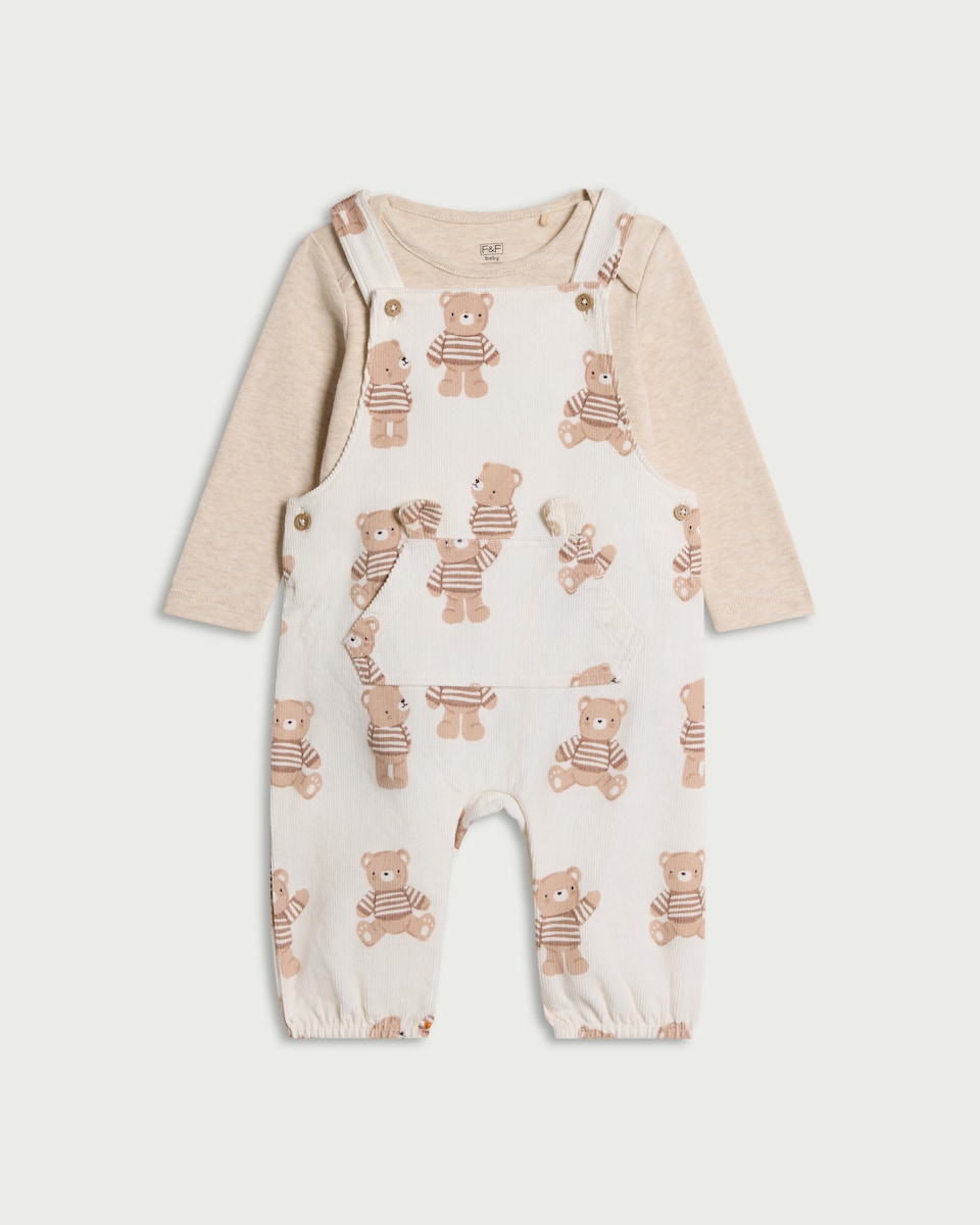 image 1 of F&F Baby 2-Piece Pure Cotton Teddy Bear Print Corduroy Dungarees and Bodysuit Set in White