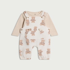 F&F Baby 2-Piece Pure Cotton Teddy Bear Print Corduroy Dungarees and Bodysuit Set in White