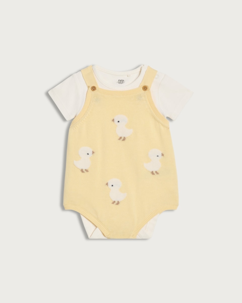 image 1 of F&F Baby 2-Piece Pure Cotton Knitted Duck Dungarees and Bodysuit Set in Yellow