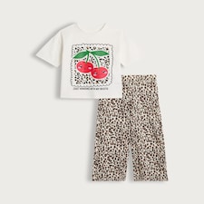 F&F Girls 2-Piece Cherry Bestie T-Shirt and Leopard Print Trousers Set in Multi