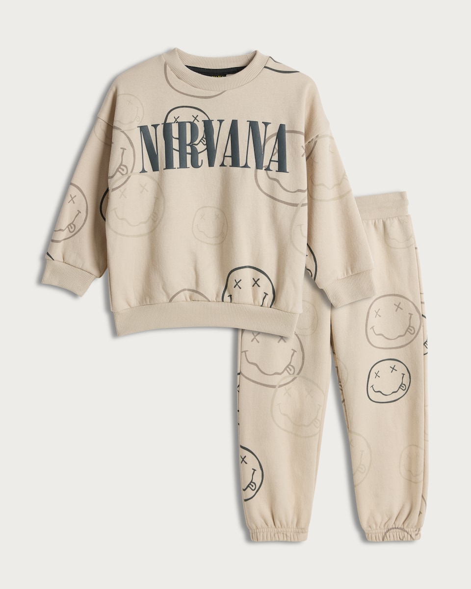image 1 of Nirvana Smiley Print Sweatshirt and Joggers Set in Cream