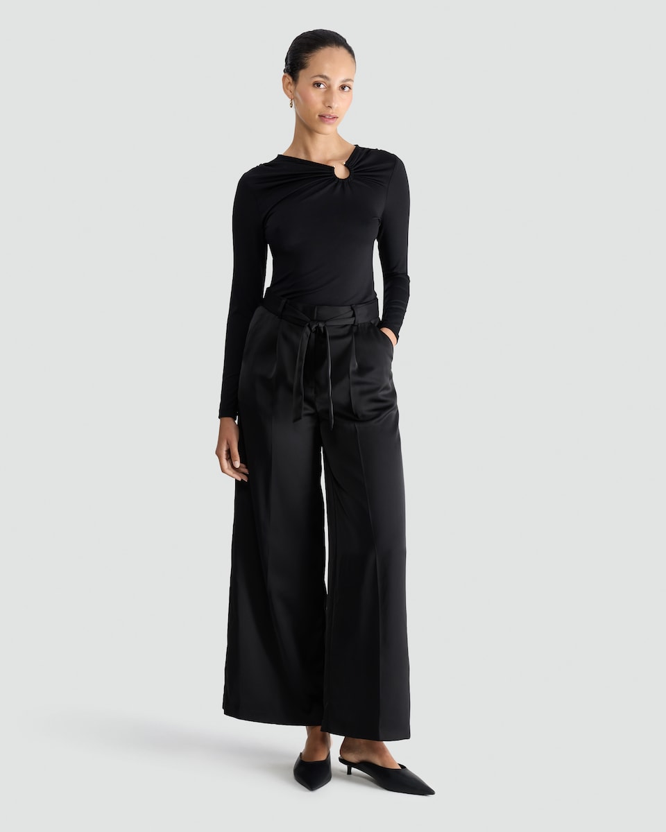 image 1 of F&F Satin Wide Leg Tie Waist Trousers in Black