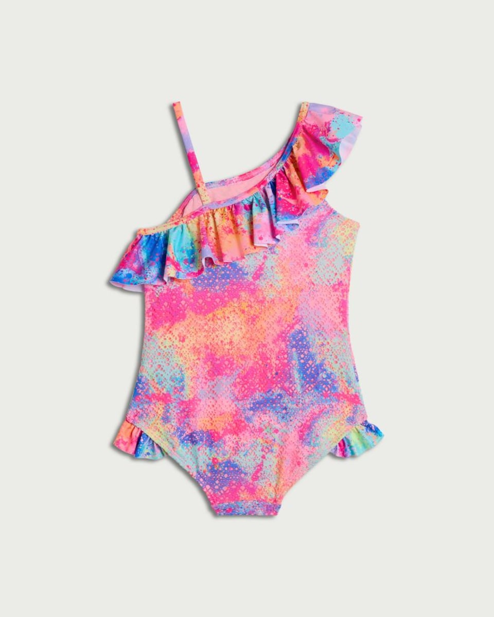 image 1 of F&F Girls One Shoulder Ruffle Swimsuit in Pink