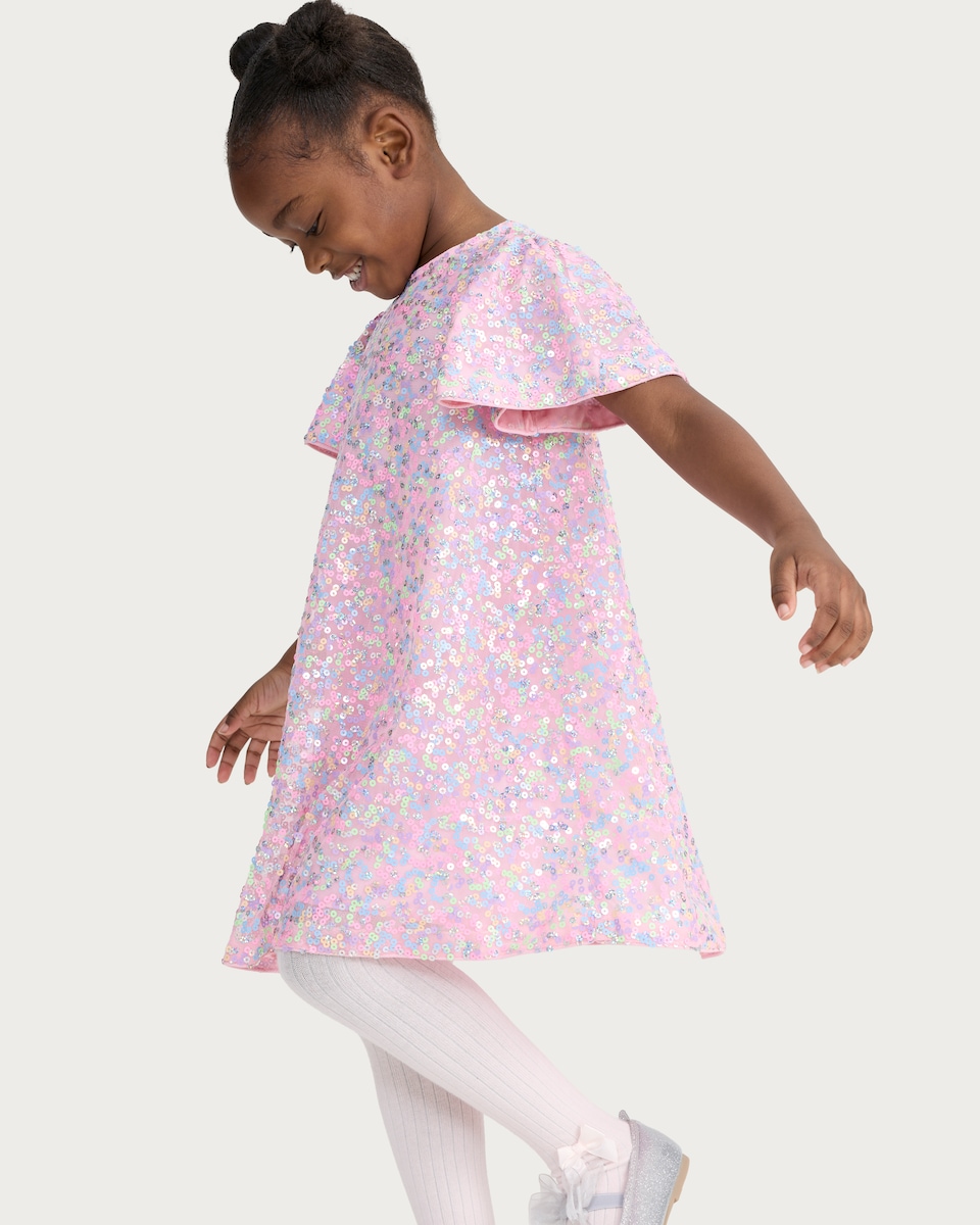image 1 of F&F Girls Sequin Embellished Short Sleeved Dress in Multi
