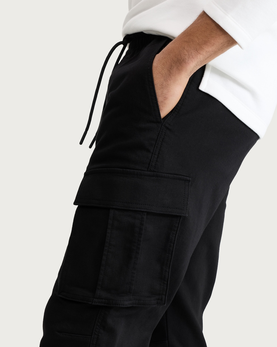 image 1 of F&F Cotton Rich Drawstring Cuffed Cargo Joggers in Black
