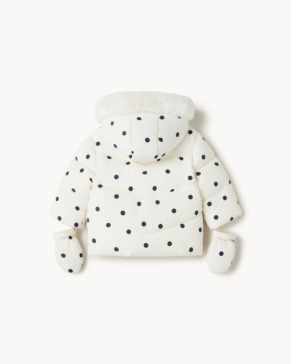 image 1 of F&F Baby Polka Dot Puffer Jacket with Mittens in Cream