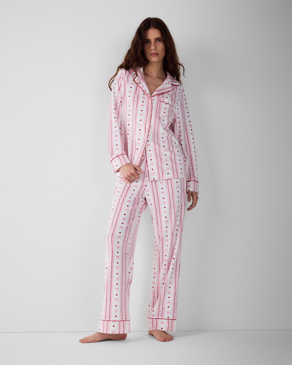 image 1 of F&F Fleece Bow Print Revere Pyjama Set in Pink