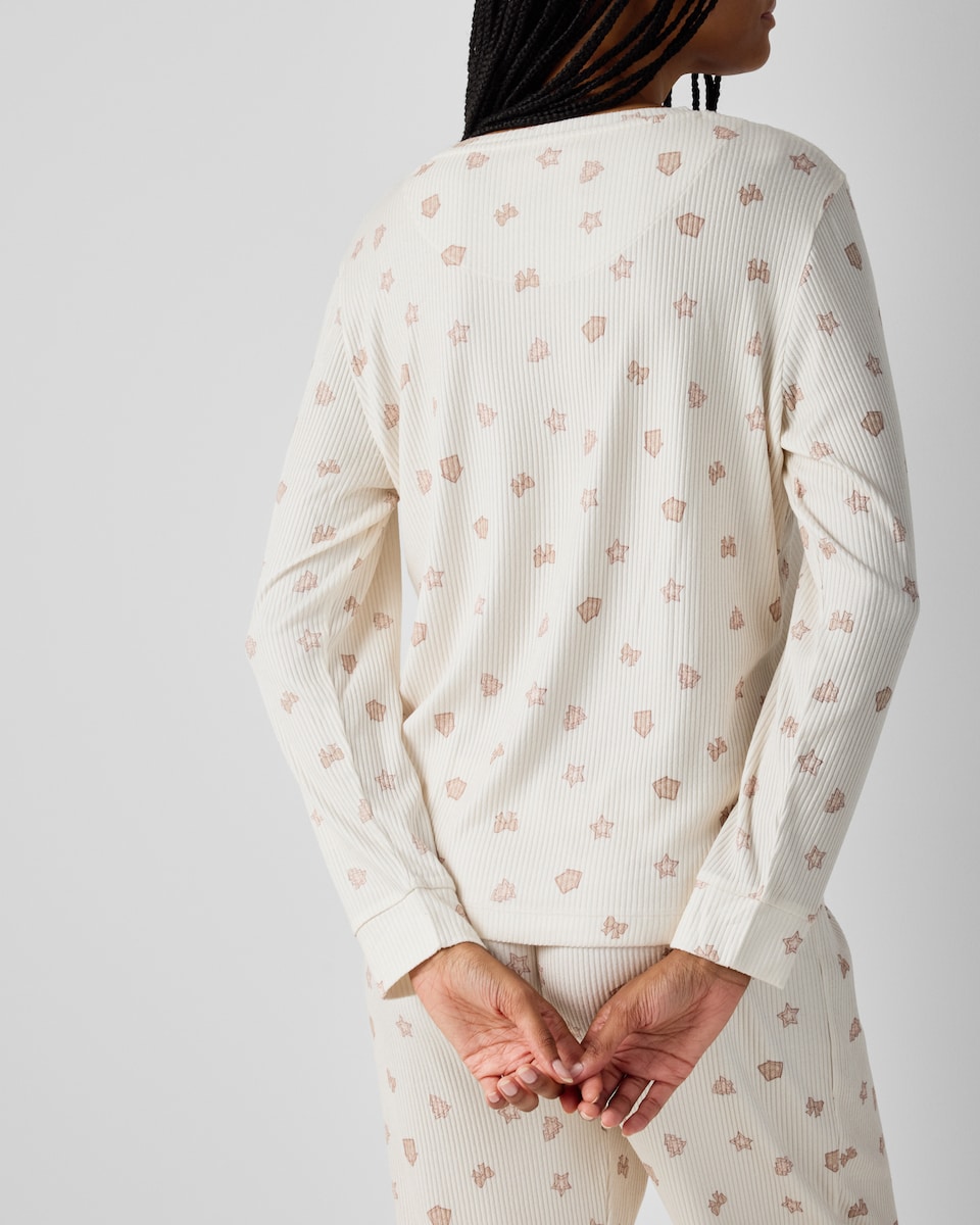 image 1 of Christmas Textured Gingerbread Top and Bottoms Pyjama Set in Cream