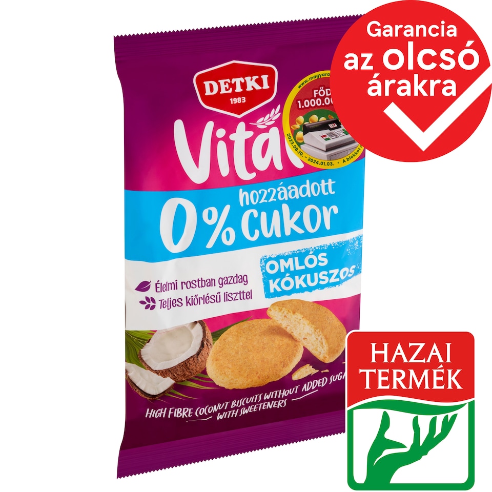 Detki Vital omlós kókuszos keksz hozzáadott cukor nélkül, édesítőszerekkel 180 g