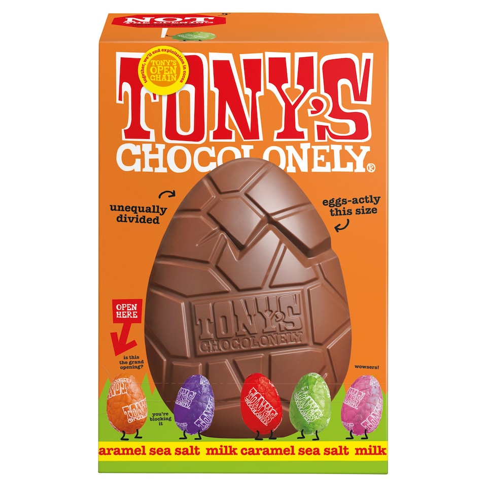 image 1 of Tony's Chocolonely Milk Caramel Sea Salt Easter Egg 242g