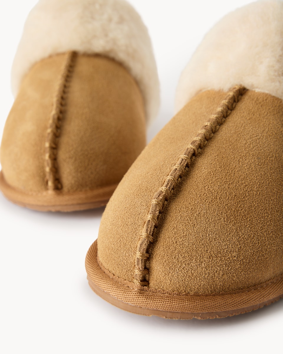 image 1 of F&F Suede Faux Fur Lined Mule Slippers in Tan