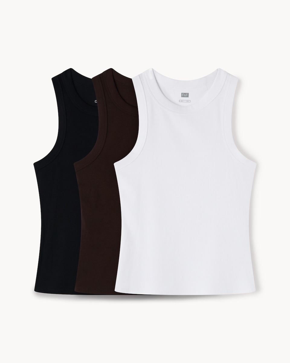image 1 of F&F 3-Pack Cotton Rich Ribbed Racerback Vests in Multi Black