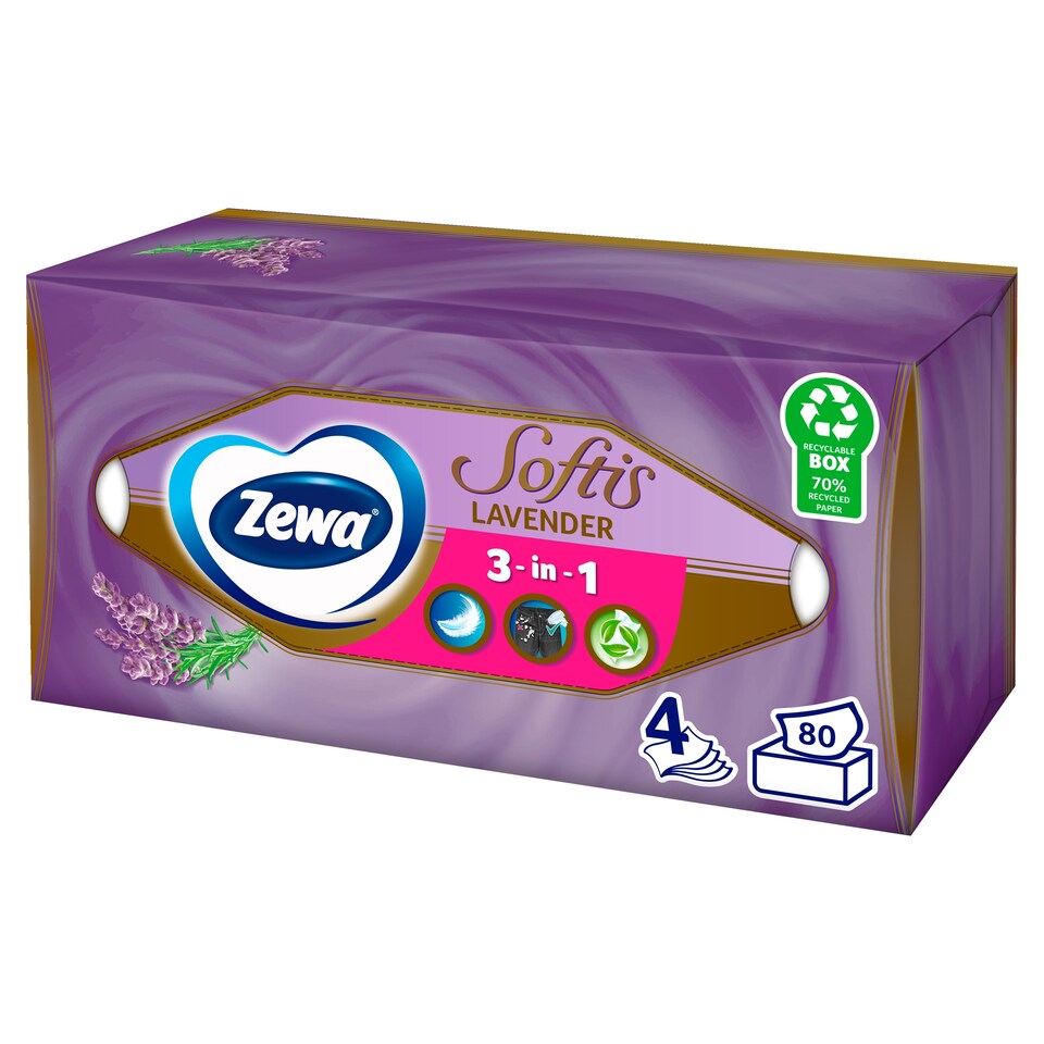 image 1 of Zewa Softis Lavender Scented Handkerchiefs in Box 4 Ply 80 pcs