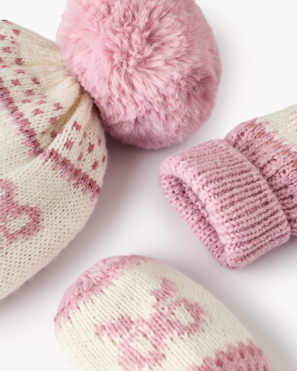 image 1 of F&F Baby 2-Piece Fair Isle Hat and Mitten Set in Pink