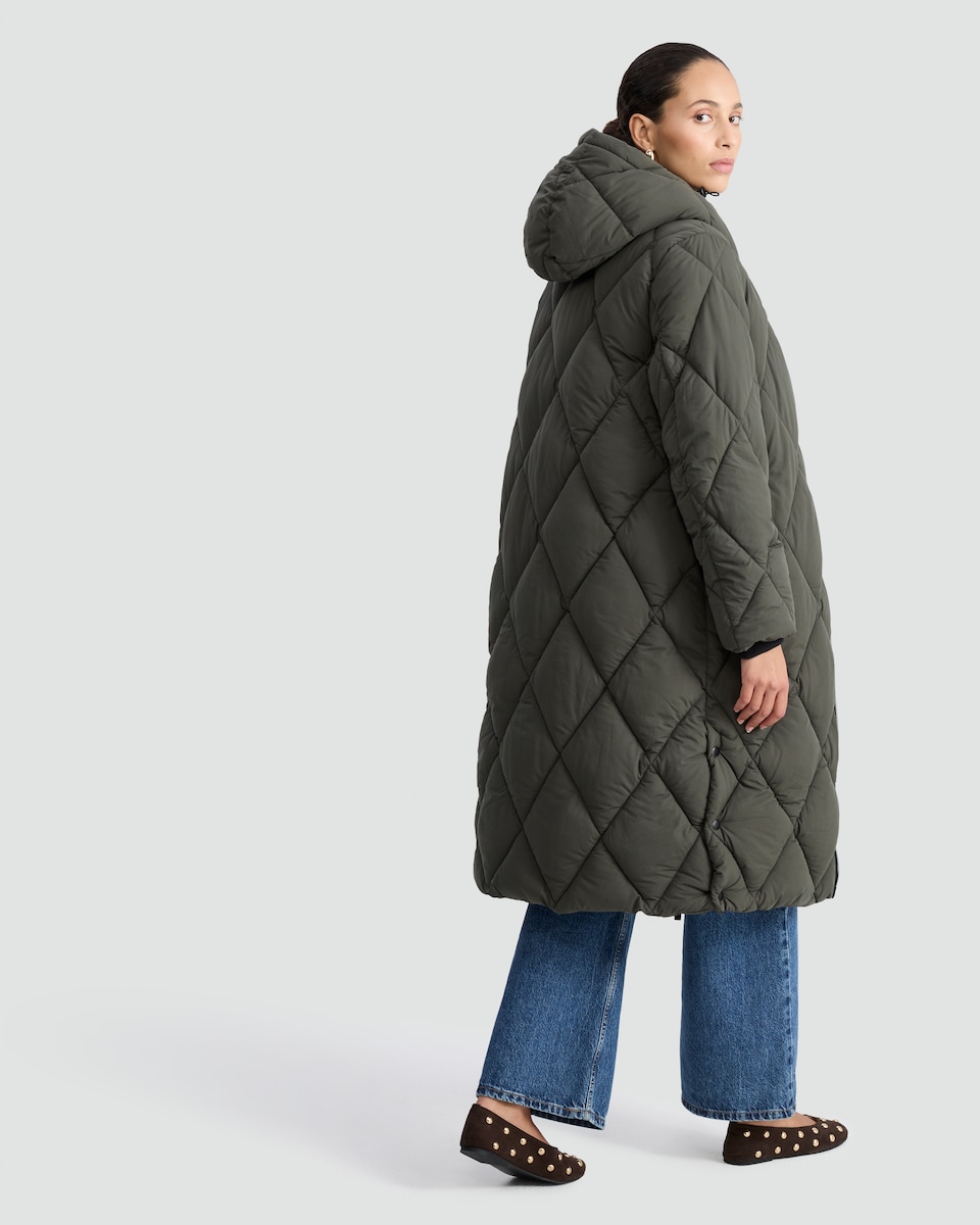 image 1 of F&F Quilted Longline Shower Resistant Zip Up Coat in Khaki