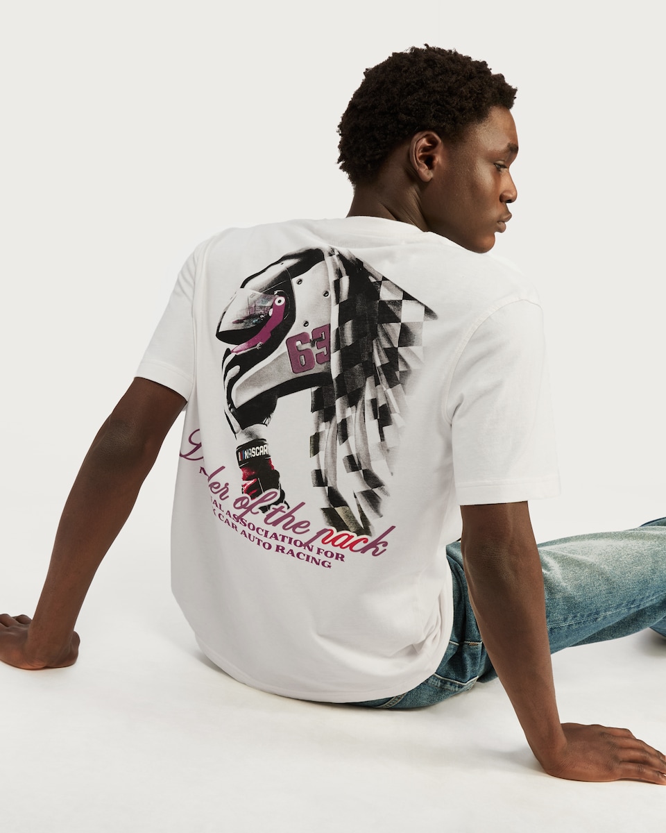 image 1 of NASCAR Print Leader of the Pack Slogan T-Shirt in Cream