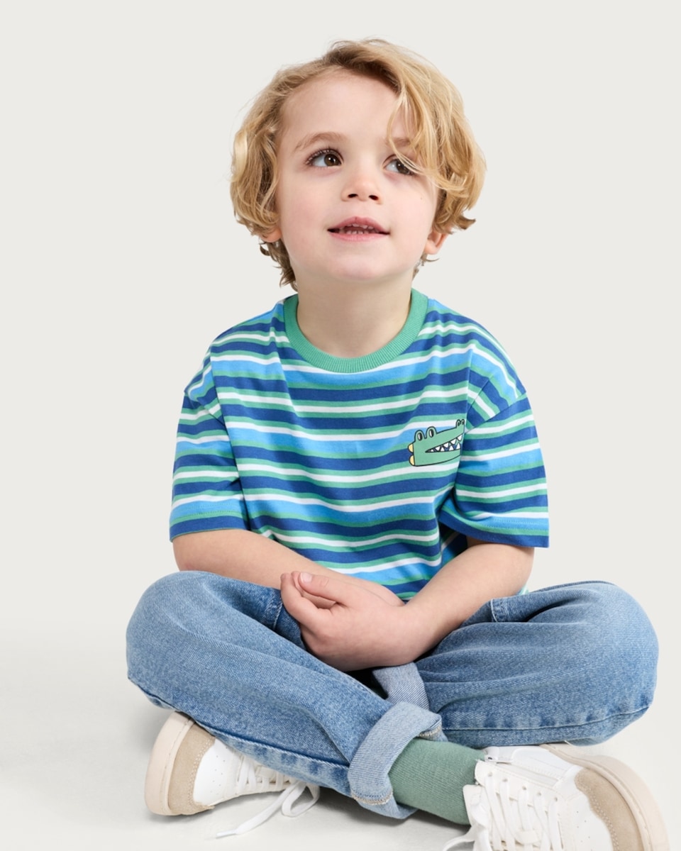image 1 of F&F Boys Pure Cotton Striped Crocodile T-Shirt in Green