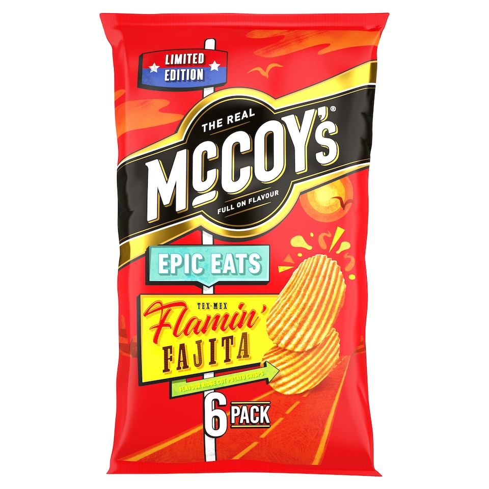 image 1 of McCoy's Epic Eats Tex Mex Flamin' Fajita Flavour Ridge Cut Potato Crisps 6 x 25g