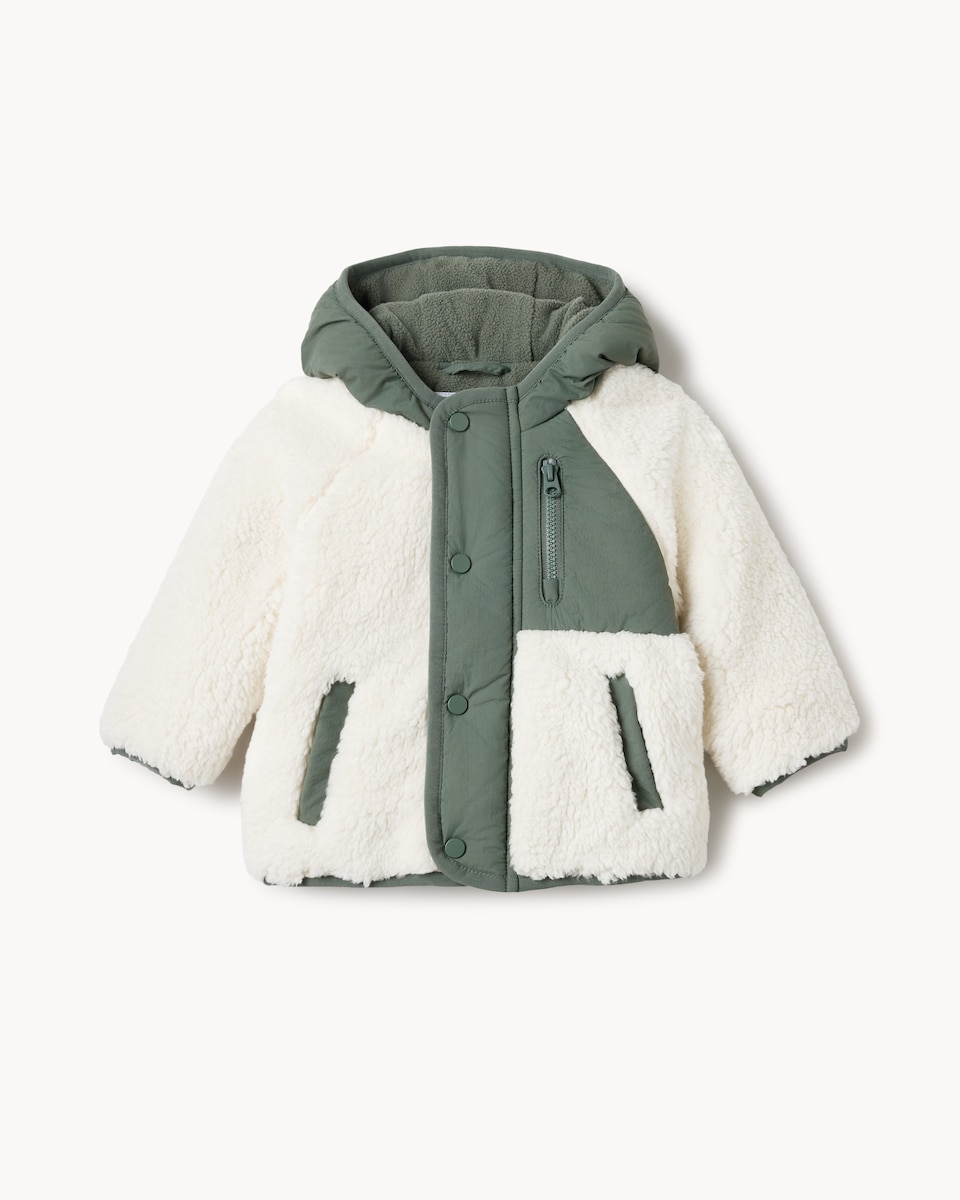 image 1 of F&F Baby Borg Hooded Jacket in Cream