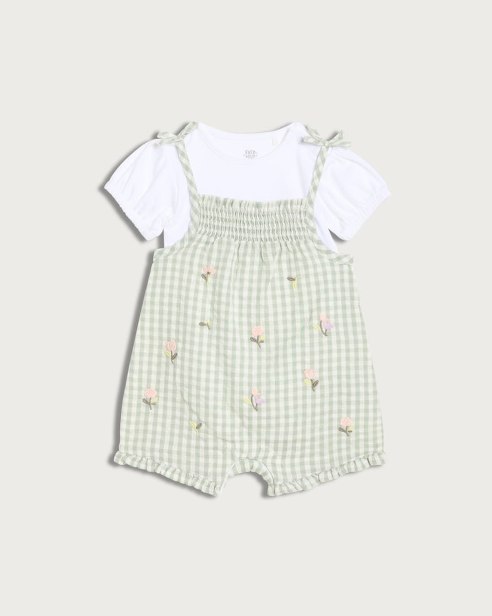 F&F Baby 2-Piece Pure Cotton Gingham Romper and Bodysuit Set in Green