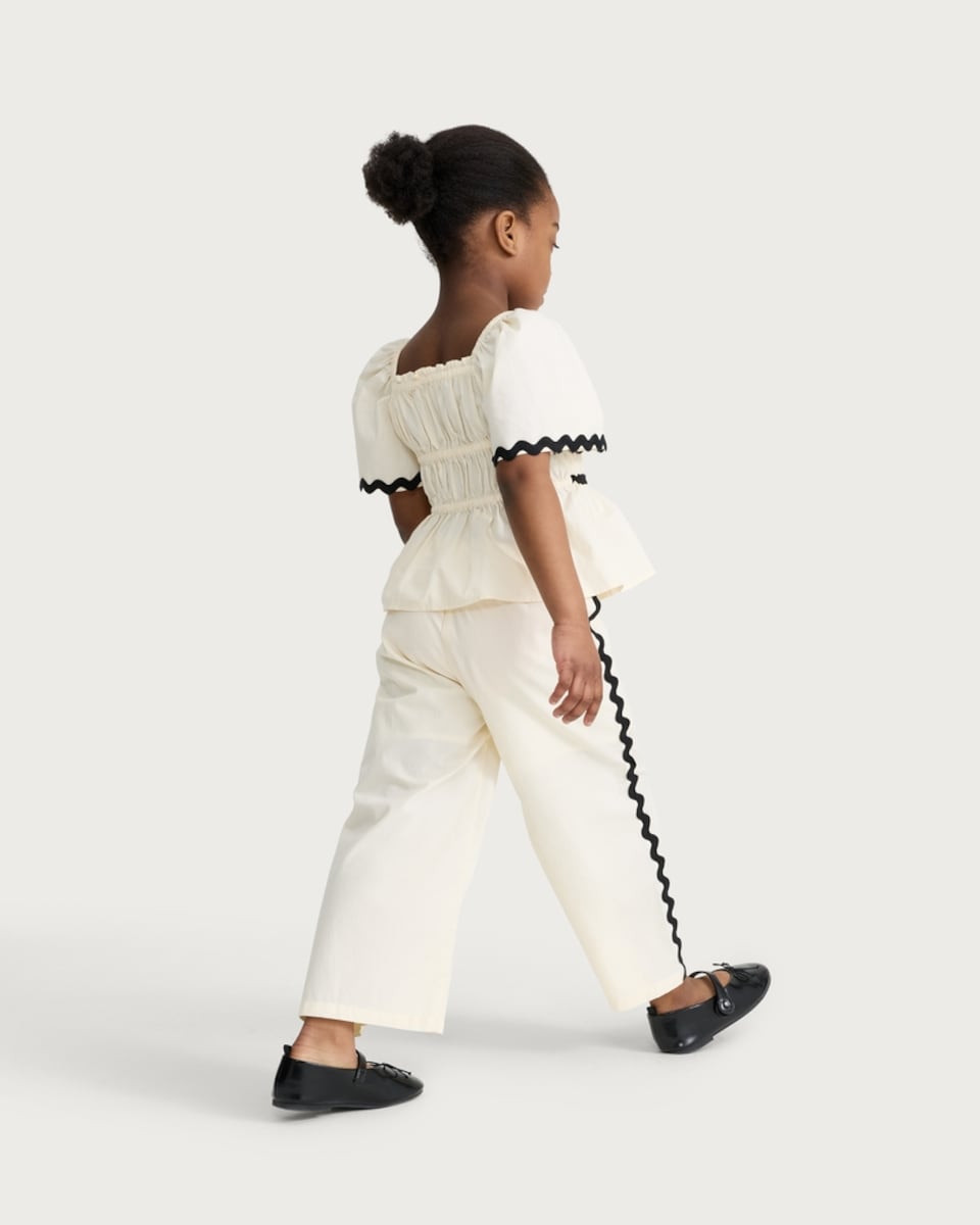 image 1 of F&F Girls 2-Piece Pure Cotton Contrast Trim Top and Trousers Set in Cream