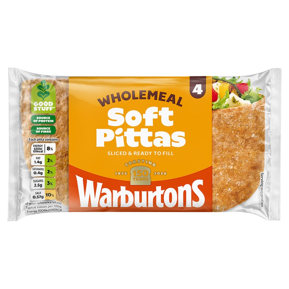 Warburtons Soft Wholemeal Pitta Breads 4 Pack