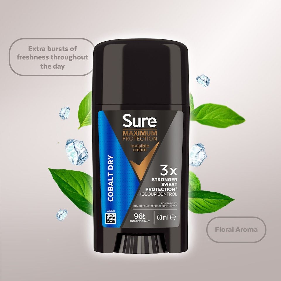 image 1 of Sure Men Maximum Protection  Cobalt Dry Odour Control 96h  Antiperspirant Deodorant Invisible Cream 60ml