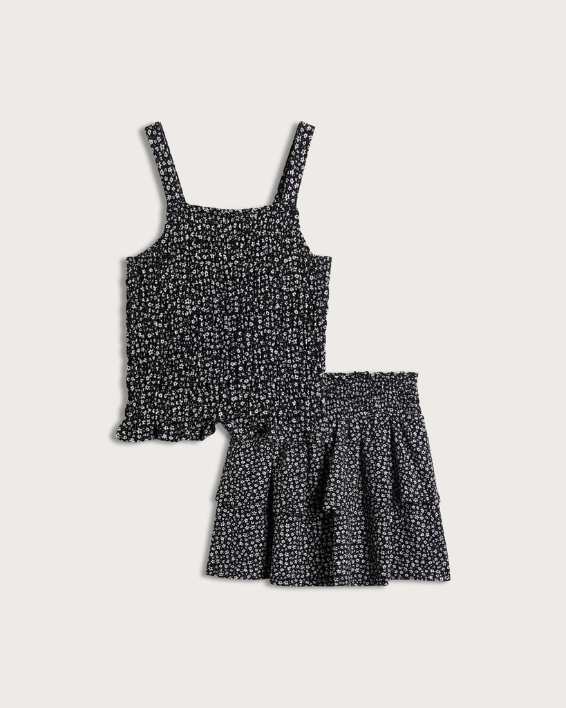 F&F Girls 2-Piece Crinkle Textured Floral Print Top and Skirt Set in Multi Black White