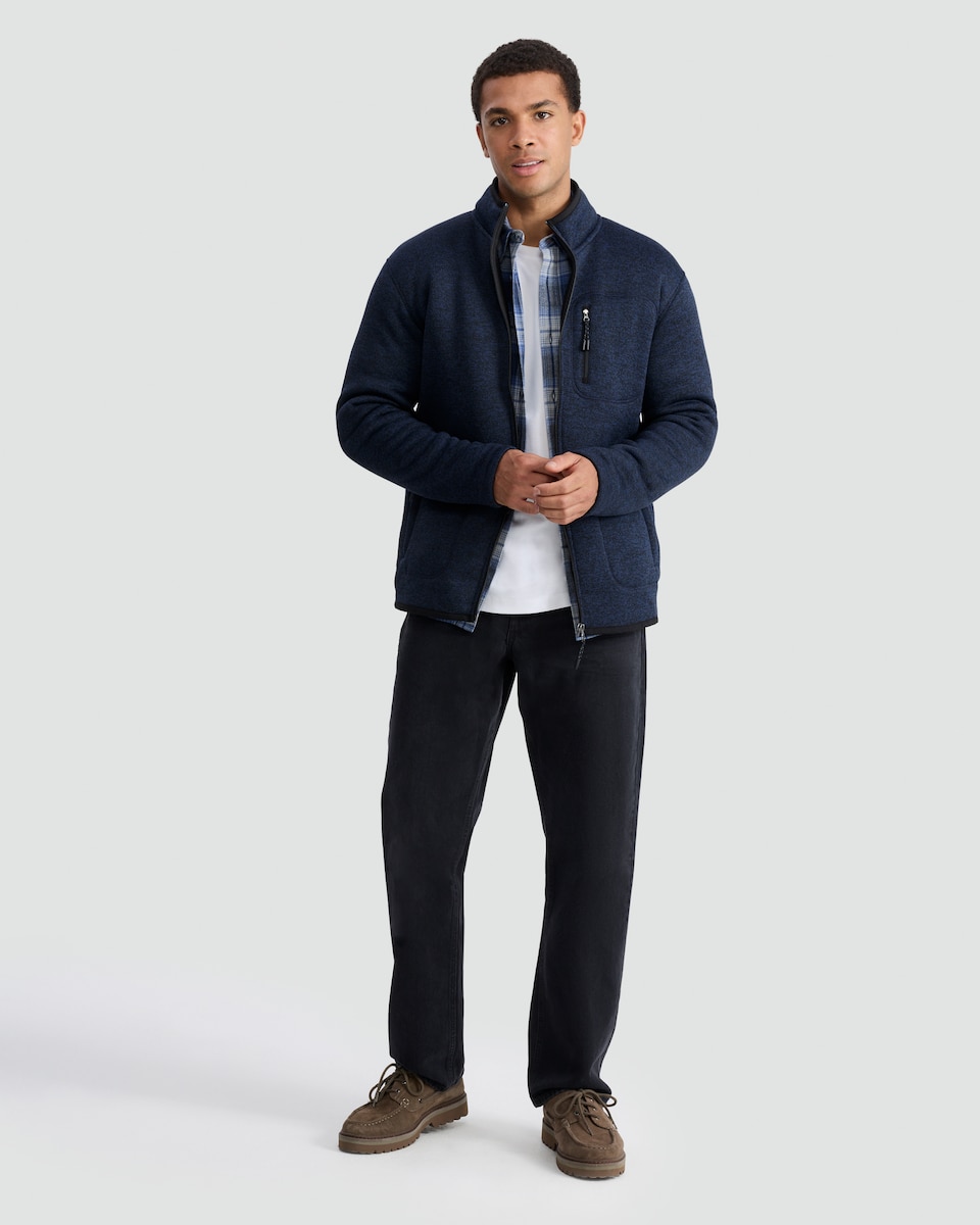 image 1 of F&F Fleece Snit Textured Zip Pocket Jacket in Navy