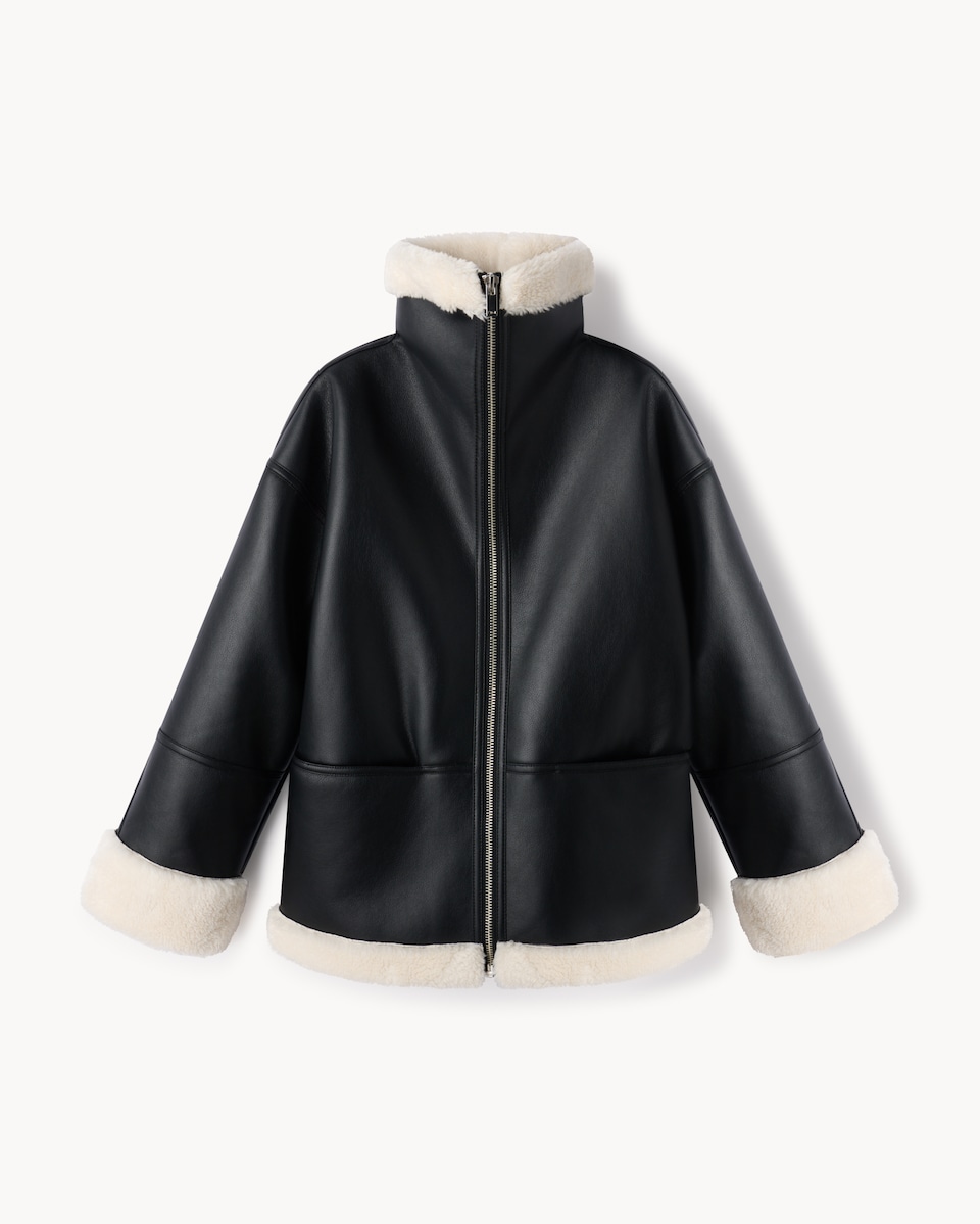 image 1 of F&F Faux Leather Shearling Jacket in Black