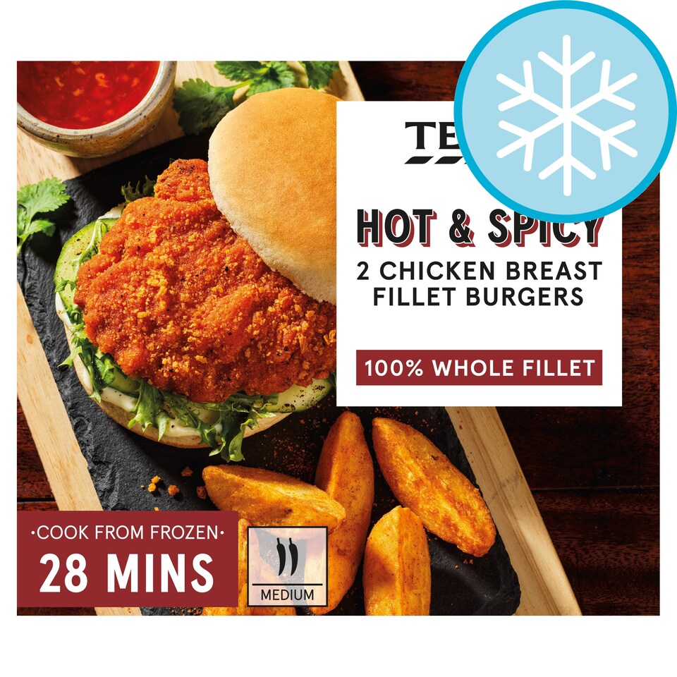 Tesco 2 Hot & Spicy Chicken Breast Fillet Burgers 210G