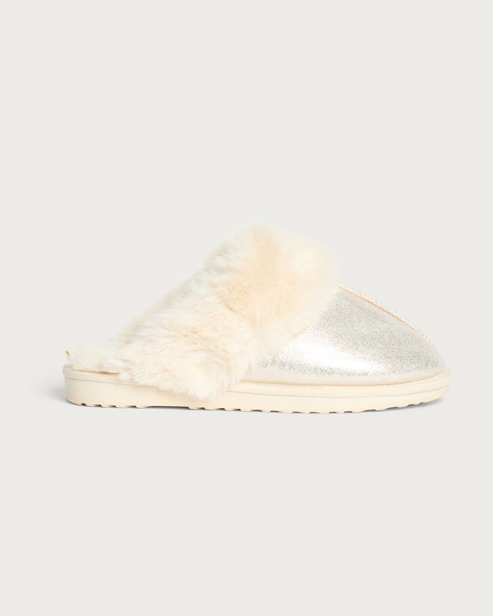 image 1 of F&F Metallic Faux Fur Trim Mule Slippers in Gold