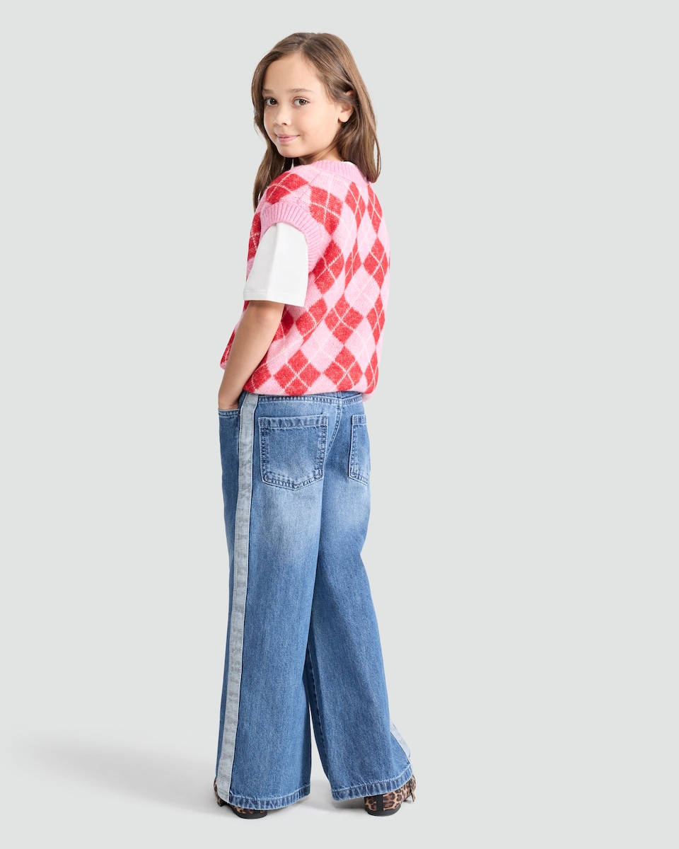 image 1 of F&F Girls Pure Cotton Wide Leg Denim Jeans in Navy